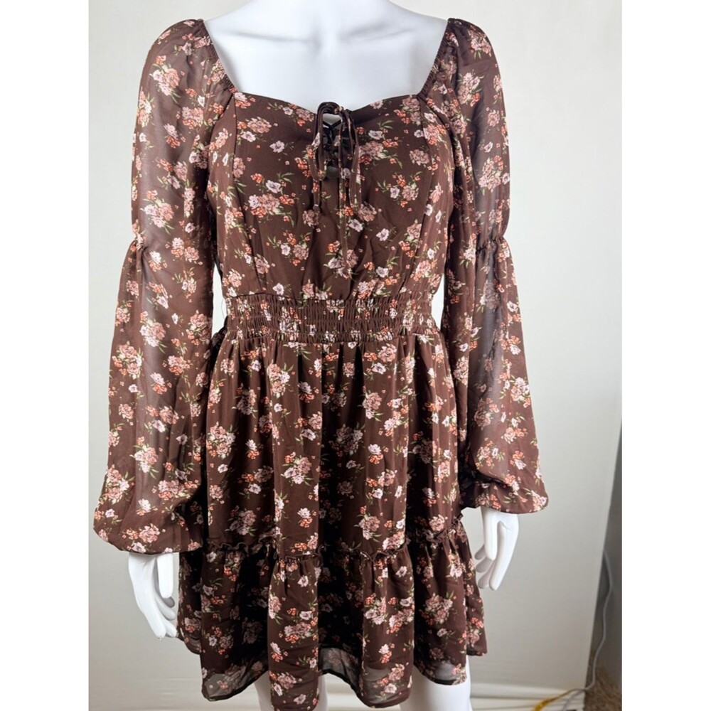 Live To Be Spoiled Floral Cottagecore Milkmaid Dress L Boho Brown Sheer Sleeves